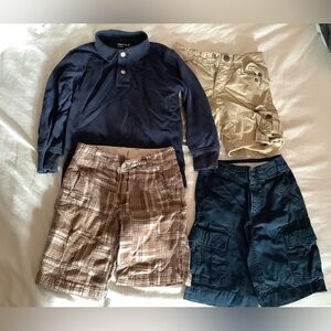 Gap Kids lot 4T Long Sleeve Blue Polo and 3 Pairs Cargo & Madras Plaid shorts